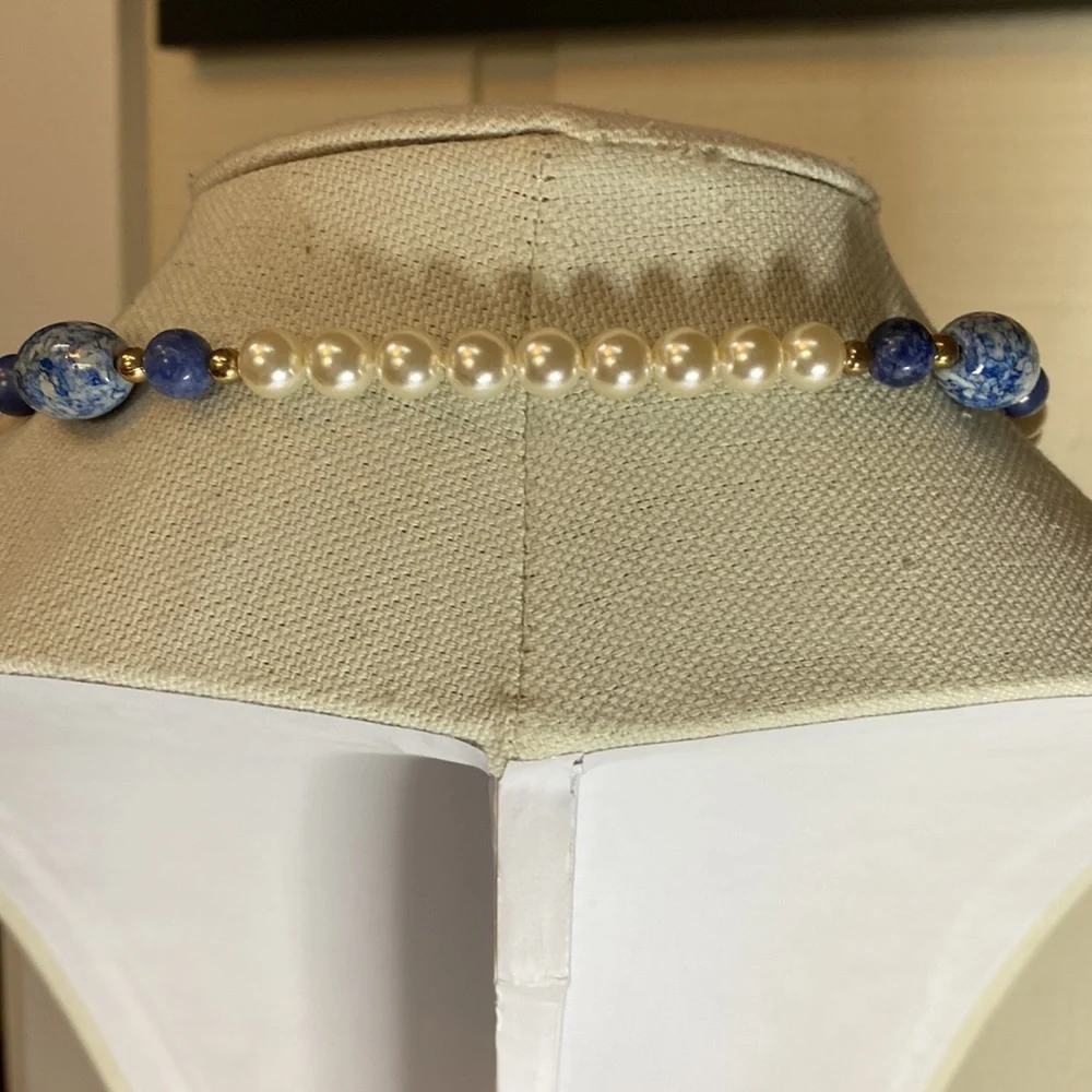 Beautiful long pearl bead and blue marbleized bead necklace